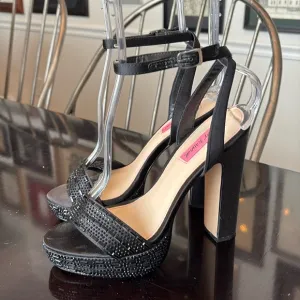 🛞 Betsy Johnson black satin beaded ankle strap open toe platform heels