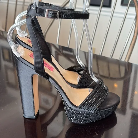 🛞 Betsy Johnson black satin beaded ankle strap open toe platform heels