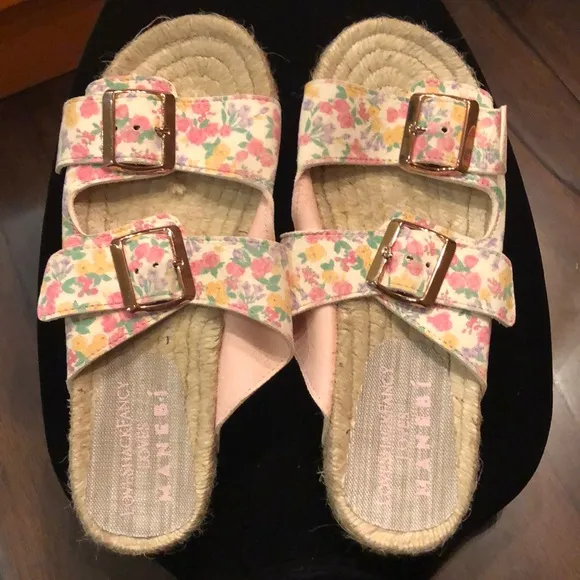 💖 LoveShackFancy double buckle floral straps slides rope wrapped, rubber sole