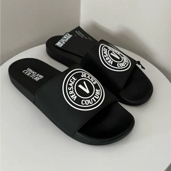 ⭕️ VERSACE JEANS Men’s Slippers Flit Flops Sandals Black Designer 43 US 10