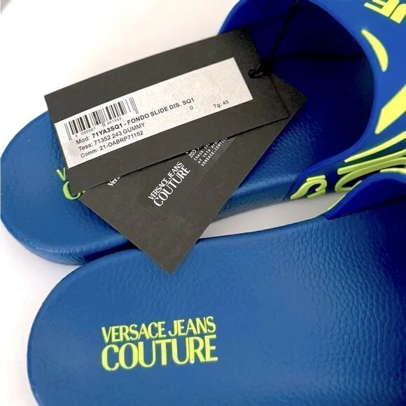 ⭕️ VERSACE JEANS Men’s Slippers Pool Slides Blue Yellow Designer US 12 (45)