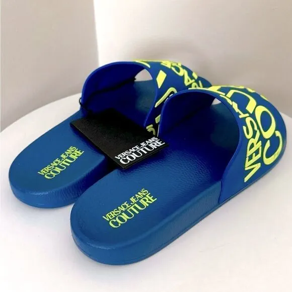 ⭕️ VERSACE JEANS Men’s Slippers Pool Slides Blue Yellow Designer US 12 (45)
