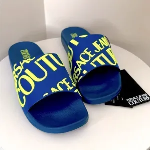 ⭕️ VERSACE JEANS Men’s Slippers Pool Slides Blue Yellow Designer US 12 (45)