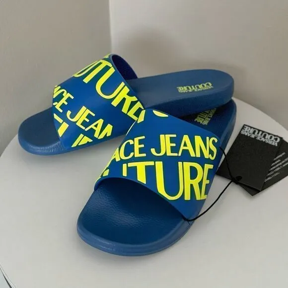 ⭕️ VERSACE JEANS Men’s Slippers Pool Slides Blue Yellow Designer US 12 (45)
