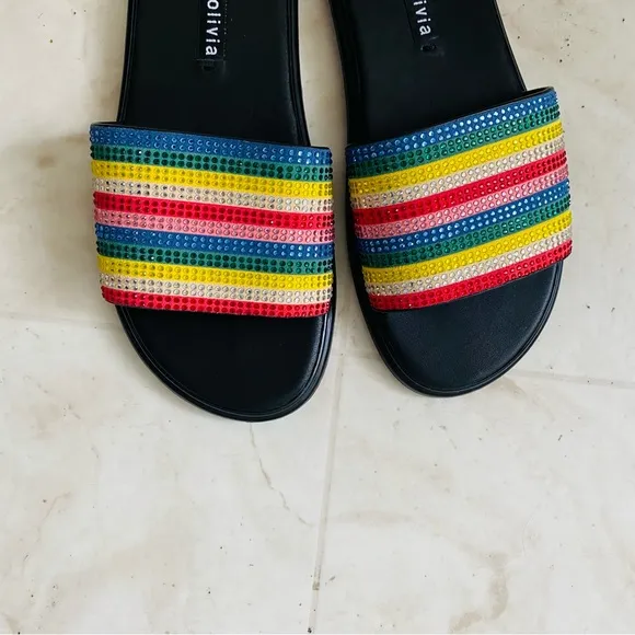 $175 Alice   Olivia Tami Crystal Striped Embellished Sandals Slides size 6