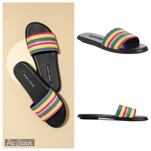 $175 Alice   Olivia Tami Crystal Striped Embellished Sandals Slides size 6
