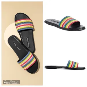 $175 Alice   Olivia Tami Crystal Striped Embellished Sandals Slides size 6