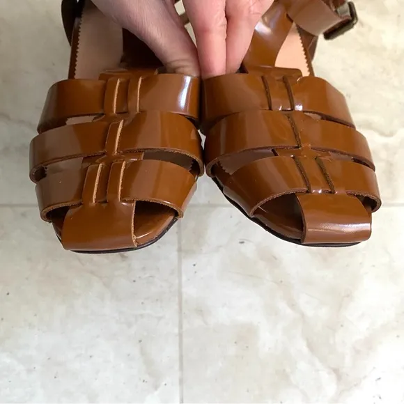 $195 J.Crew Shiny Spazzolato Leather Fisherman Block Heel Pumps Sandals size 8