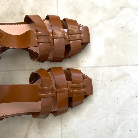 $195 J.Crew Shiny Spazzolato Leather Fisherman Block Heel Pumps Sandals size 8
