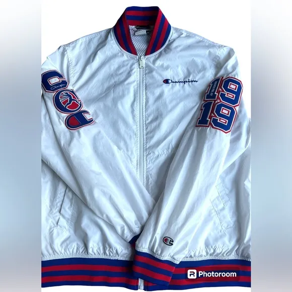 1999 Champion Track and field Rochester NY White Red Baseball Jacket Size Large