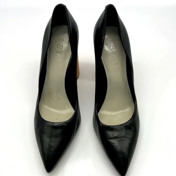 1.State - Black Leather Pointed Toe Wood Block Heels Size 8