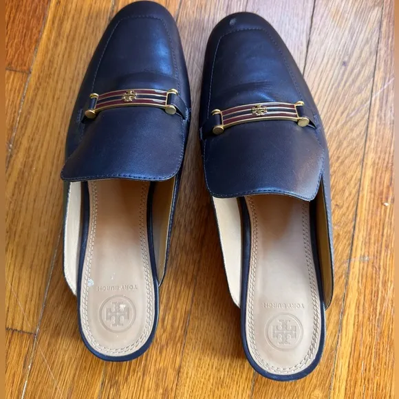 $278 Tory Burch Amelia Backless Loafers slides leather navy blue red gold buckle