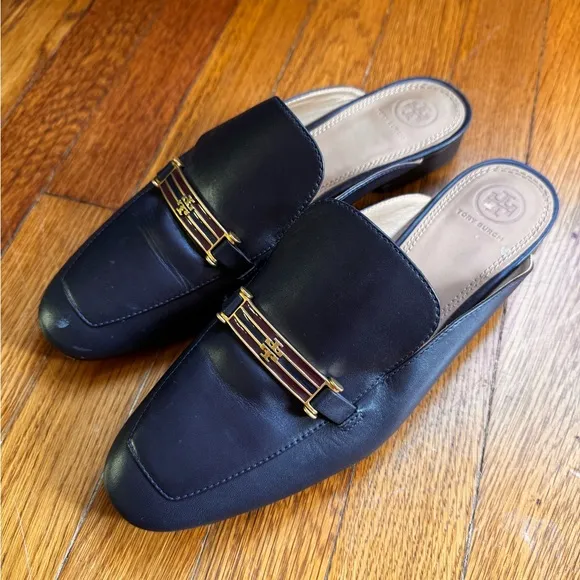 $278 Tory Burch Amelia Backless Loafers slides leather navy blue red gold buckle