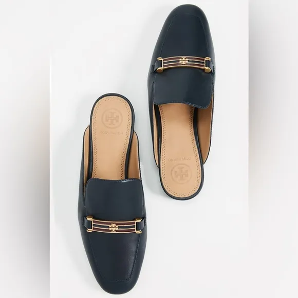 $278 Tory Burch Amelia Backless Loafers slides leather navy blue red gold buckle
