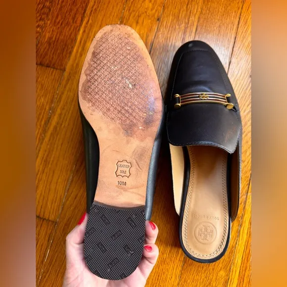 $278 Tory Burch Amelia Backless Loafers slides leather navy blue red gold buckle