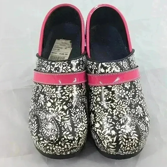 36 Koi By Sanita White Floral Black &amp;Pink  Closed Clogs Comfort Mules Shoes US