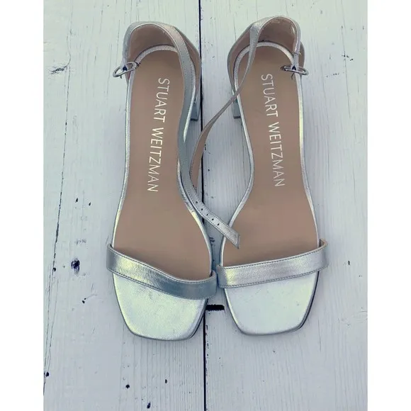 $395 Stuart Weitzman Simplecurve Silver Metallic Classic Block Heels Sz 7.5