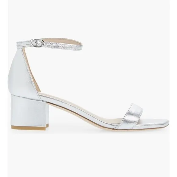 $395 Stuart Weitzman Simplecurve Silver Metallic Classic Block Heels Sz 7.5