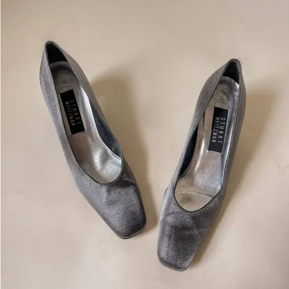 90s Vintage Stuart Weitzman Silver Metallic Block Heels Size 7.5