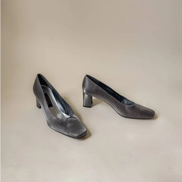 90s Vintage Stuart Weitzman Silver Metallic Block Heels Size 7.5