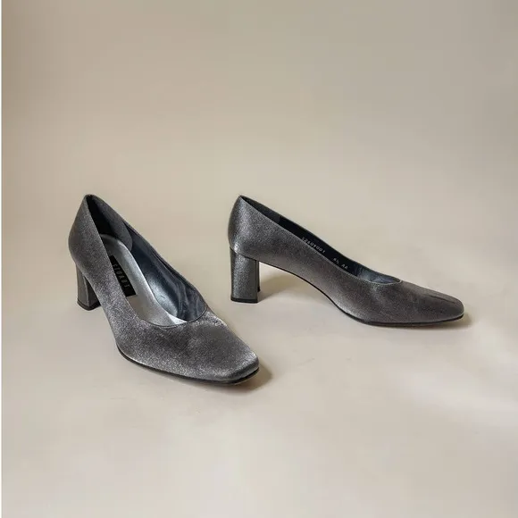 90s Vintage Stuart Weitzman Silver Metallic Block Heels Size 7.5