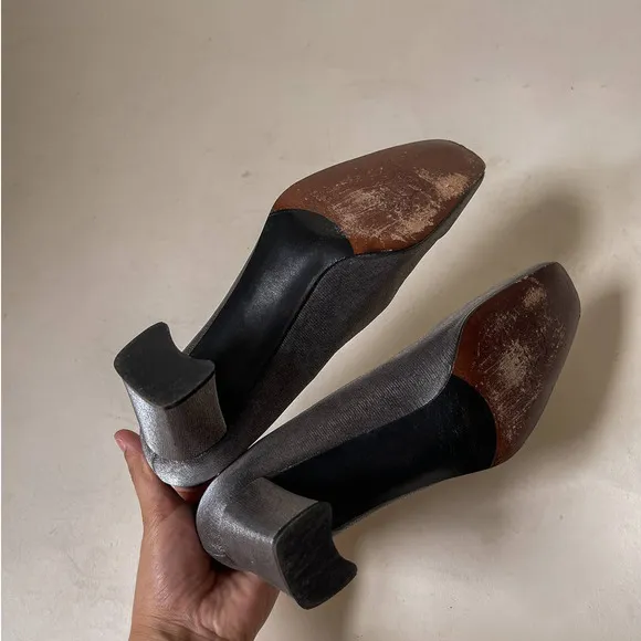 90s Vintage Stuart Weitzman Silver Metallic Block Heels Size 7.5