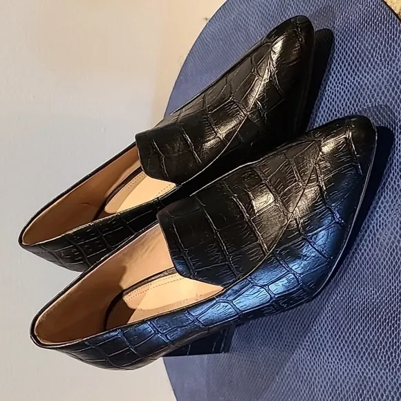 AD &amp; Daughter &quot;Esmea&quot; Heels  Women’s Sz 7 Black Leather Croc embossed. (#1134)