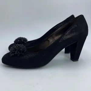 AGL Attilio Giusti Leombruni Shiny Black Heels Beaded Pom Poms Size 39 1/2
