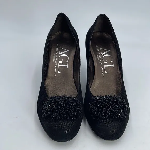 AGL Attilio Giusti Leombruni Shiny Black Heels Beaded Pom Poms Size 39 1/2