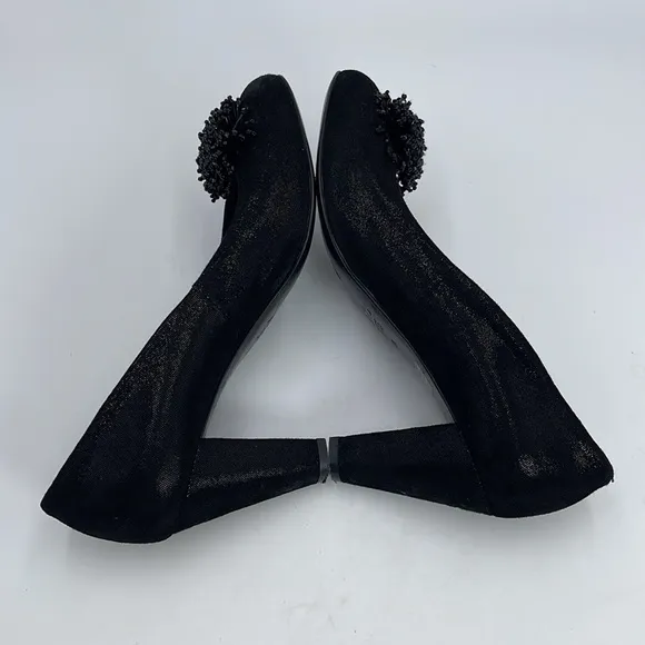 AGL Attilio Giusti Leombruni Shiny Black Heels Beaded Pom Poms Size 39 1/2