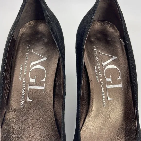 AGL Attilio Giusti Leombruni Shiny Black Heels Beaded Pom Poms Size 39 1/2