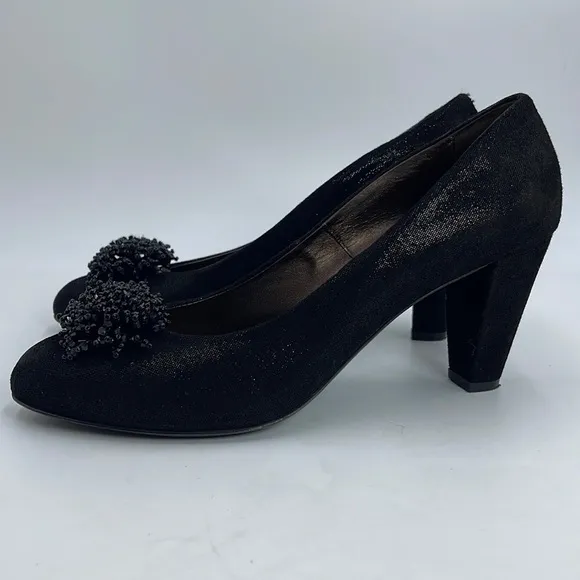 AGL Attilio Giusti Leombruni Shiny Black Heels Beaded Pom Poms Size 39 1/2