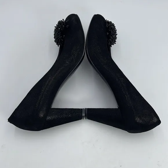 AGL Attilio Giusti Leombruni Shiny Black Heels Beaded Pom Poms Size 39 1/2