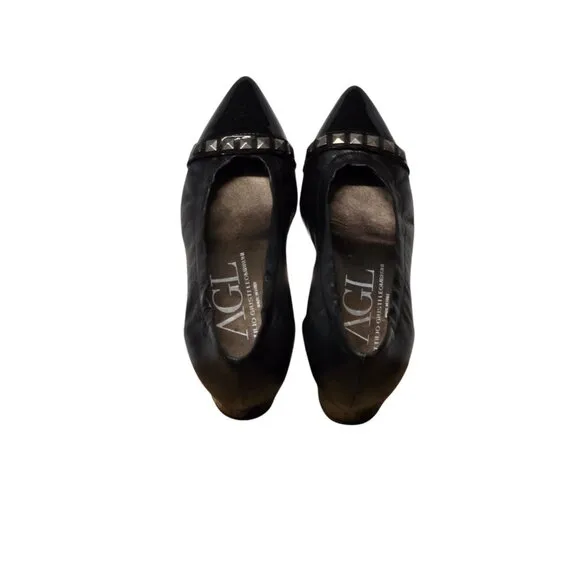 AGL Block Heels Womens 38.5 Black Leather Pointed Toe Studded Slip On Shoes