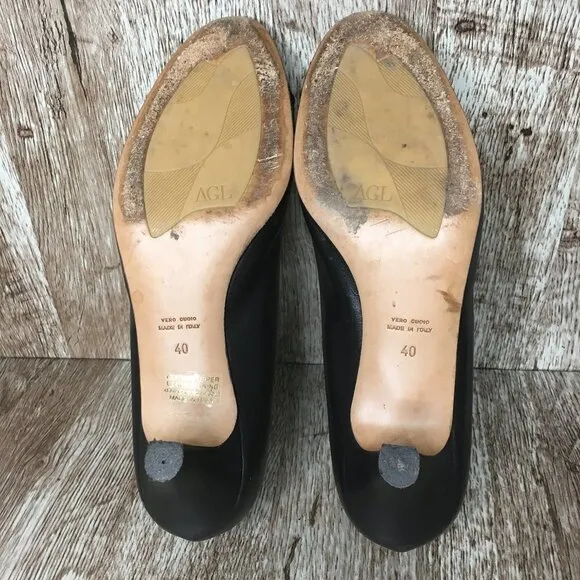 AGL Made in Italy Black Cap Toe Leather Pumps Heels 40 Size 10
