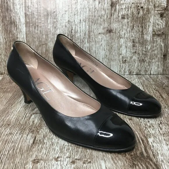 AGL Made in Italy Black Cap Toe Leather Pumps Heels 40 Size 10