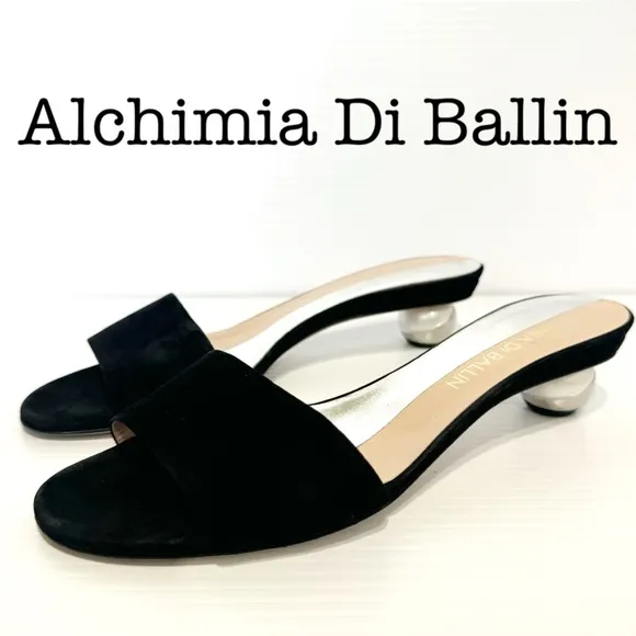 Alchimia Di Ballin Anaxa Black Suede Leather Slides Sandals Size 38 1/2