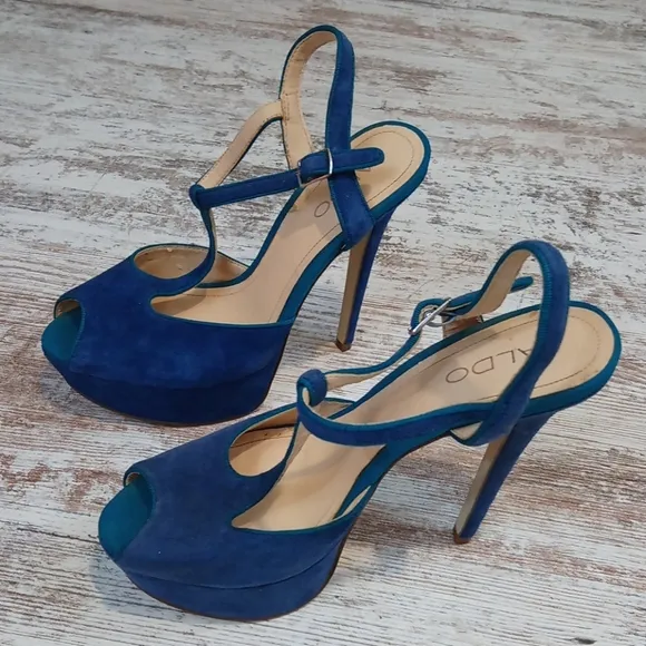 Aldo Blue Suede Platform Strap Open Toe Heels