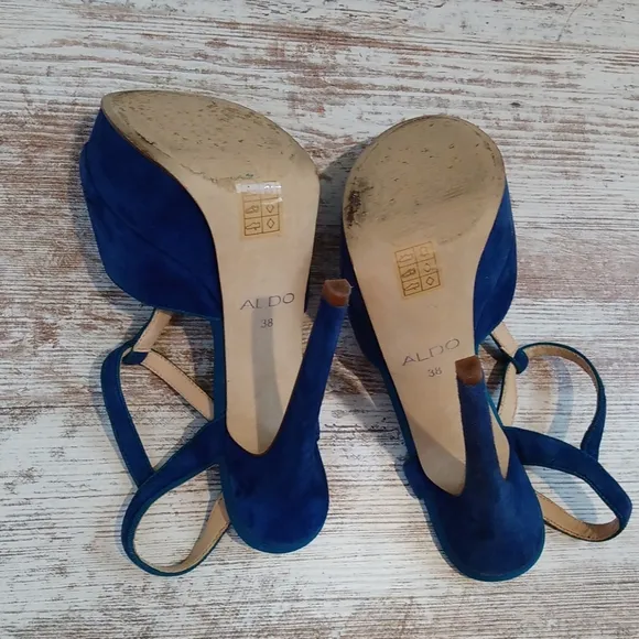 Aldo Blue Suede Platform Strap Open Toe Heels