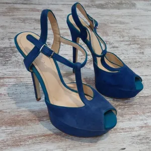 Aldo Blue Suede Platform Strap Open Toe Heels