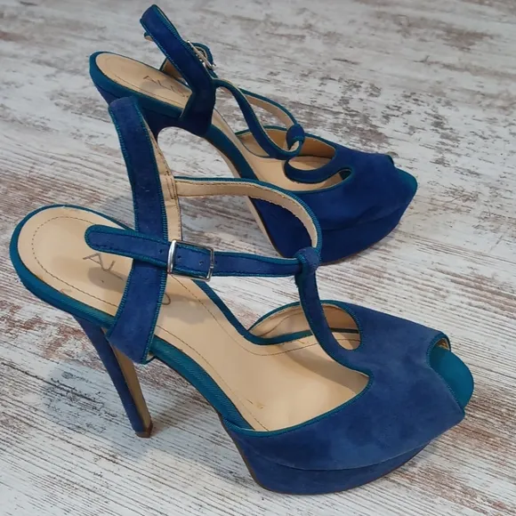 Aldo Blue Suede Platform Strap Open Toe Heels