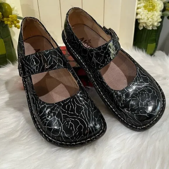 Alegria Floral Patent Leather Platform Chunky Mary Jane Clogs Black Roses 37 7