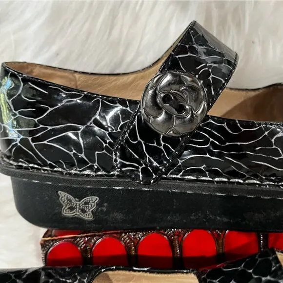 Alegria Floral Patent Leather Platform Chunky Mary Jane Clogs Black Roses 37 7