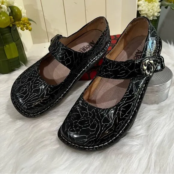 Alegria Floral Patent Leather Platform Chunky Mary Jane Clogs Black Roses 37 7