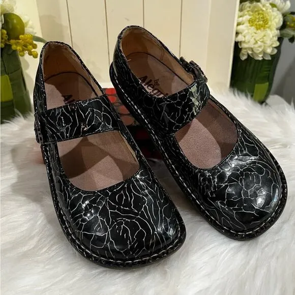 Alegria Floral Patent Leather Platform Chunky Mary Jane Clogs Black Roses 37 7