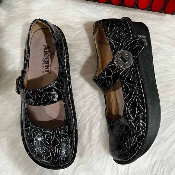 Alegria Floral Patent Leather Platform Chunky Mary Jane Clogs Black Roses 37 7
