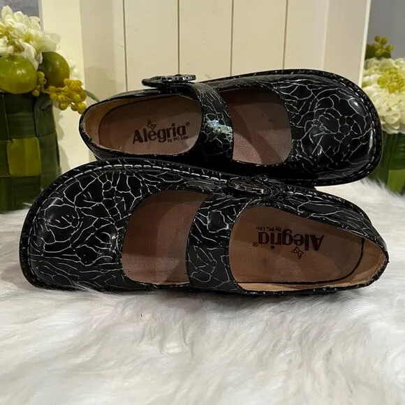 Alegria Floral Patent Leather Platform Chunky Mary Jane Clogs Black Roses 37 7
