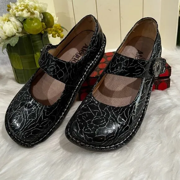 Alegria Floral Patent Leather Platform Chunky Mary Jane Clogs Black Roses 37 7