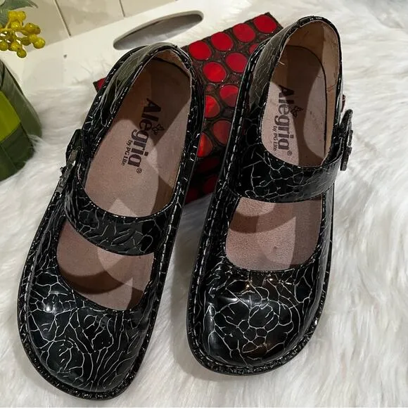 Alegria Floral Patent Leather Platform Chunky Mary Jane Clogs Black Roses 37 7