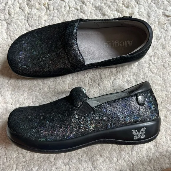 Alegria KEL-674 Black Metallic Sparkly Slip Resistant Work Clogs Sz 37
